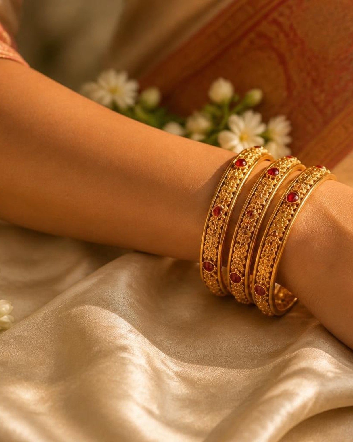 Stack of engraved gold bangles with stones on a wrist
