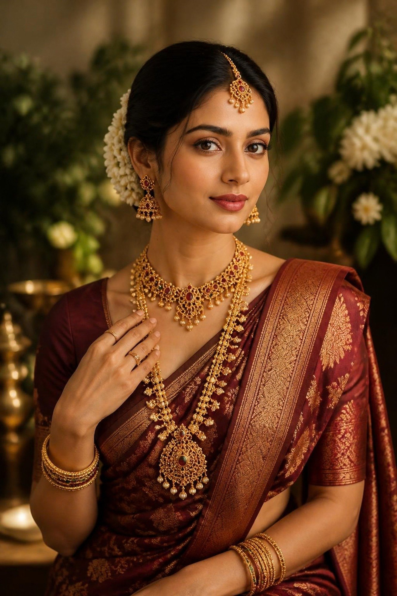 Bride wearing a statement gold necklace and drop earrings with jasmine in her hair