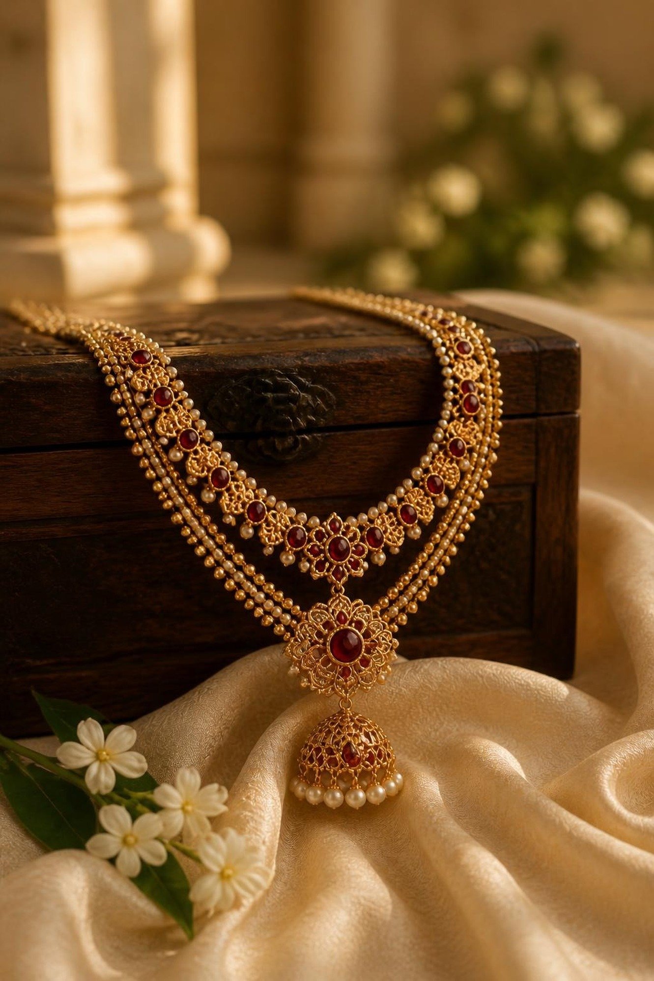 Layered gold necklace with ruby pendant on a jewellery box