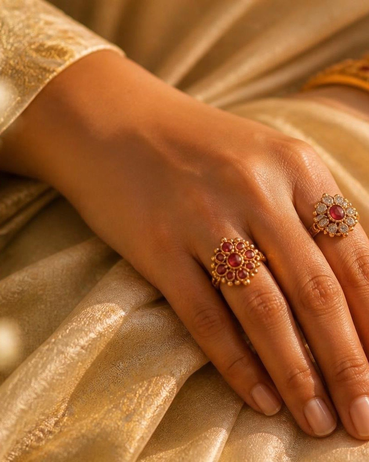 Gold rings with floral stone clusters on a hand