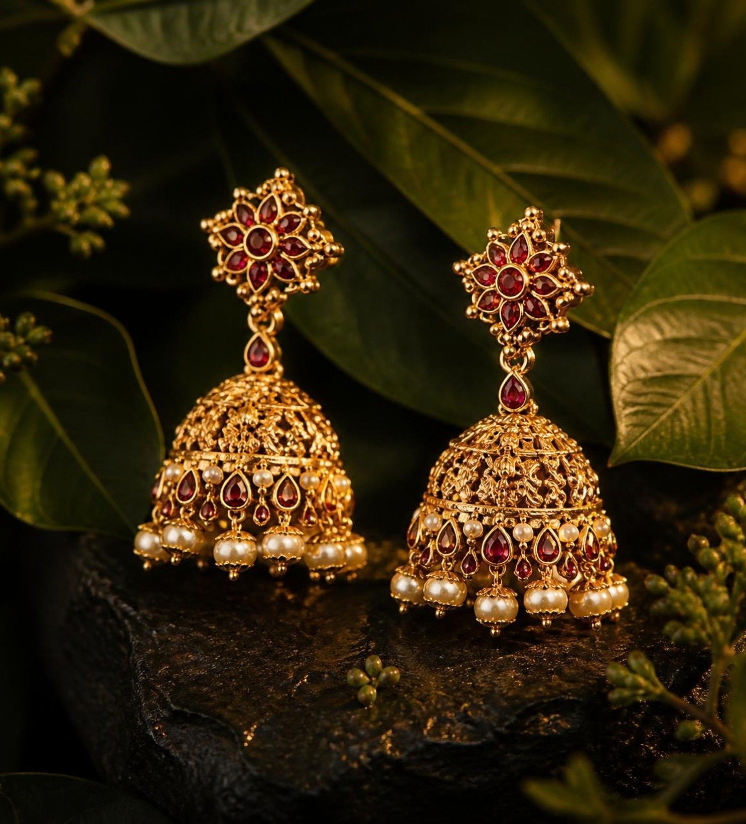 Gold jhumka earring with ruby and pearl drops