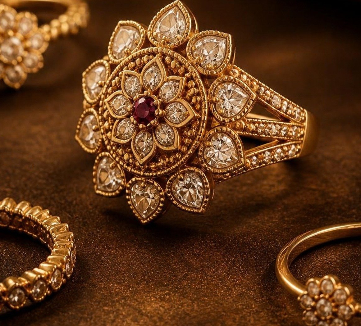 Two gold rings with ruby and stone flower settings