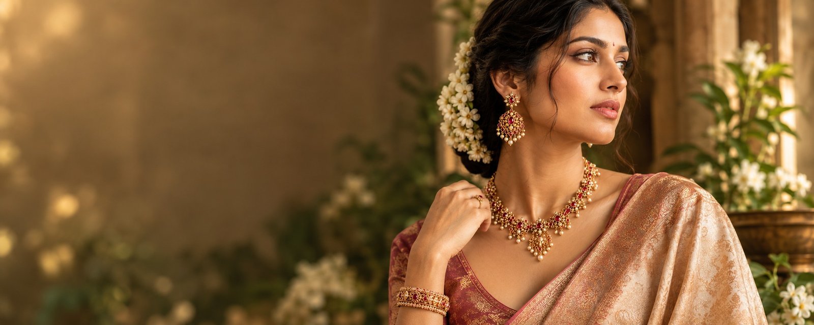 Model wearing a ruby and gold necklace with matching drop earrings and jasmine in her hair