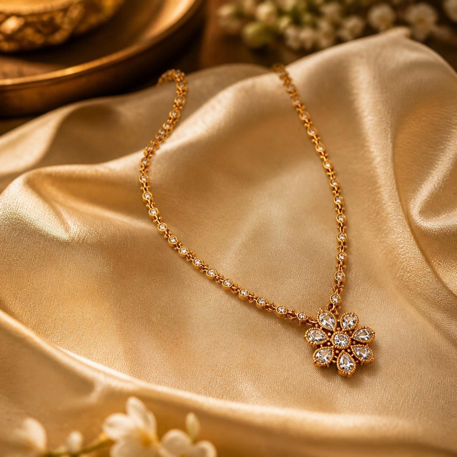 Close-up of a gold and ruby necklace on a model