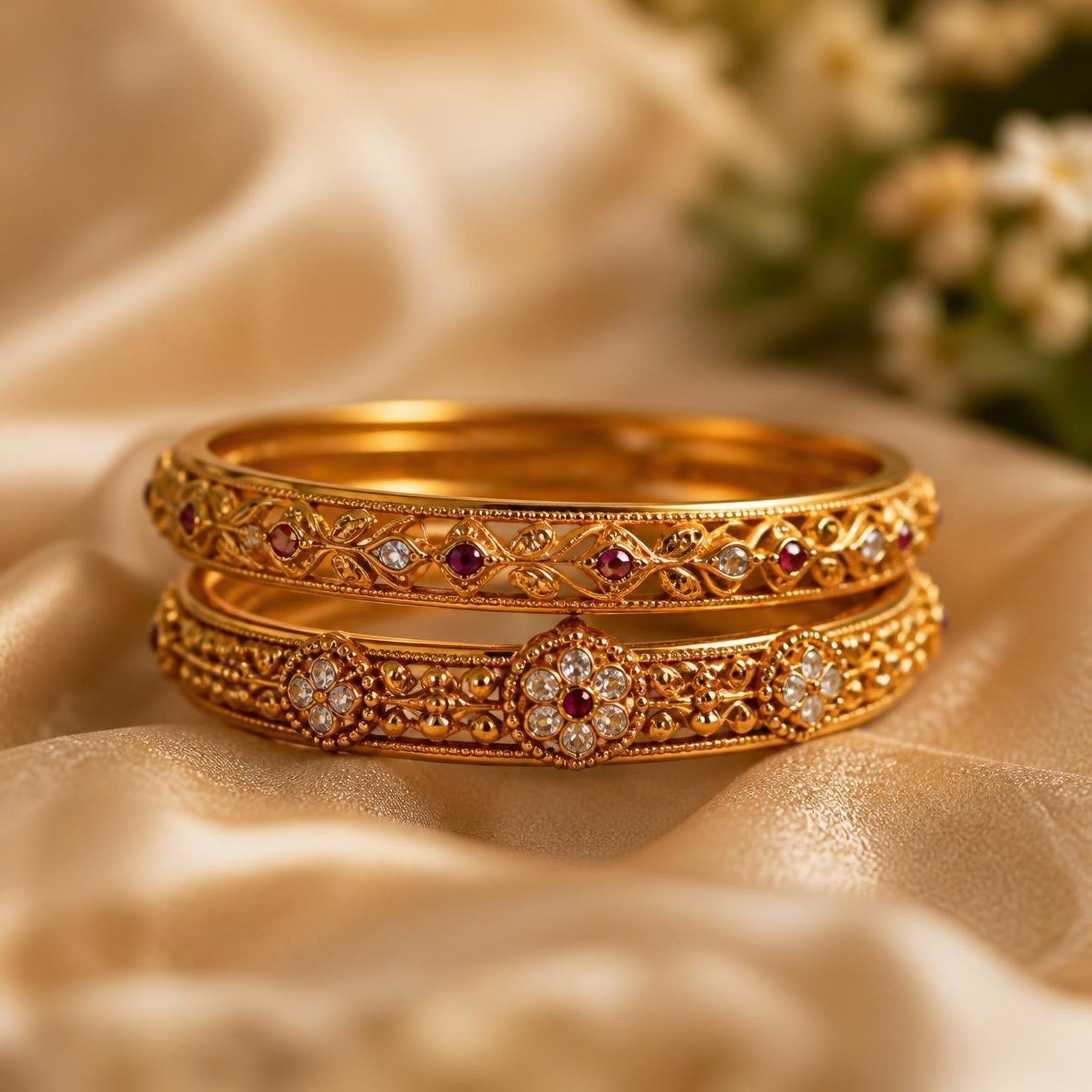 Gold bangle and necklace detail on a model