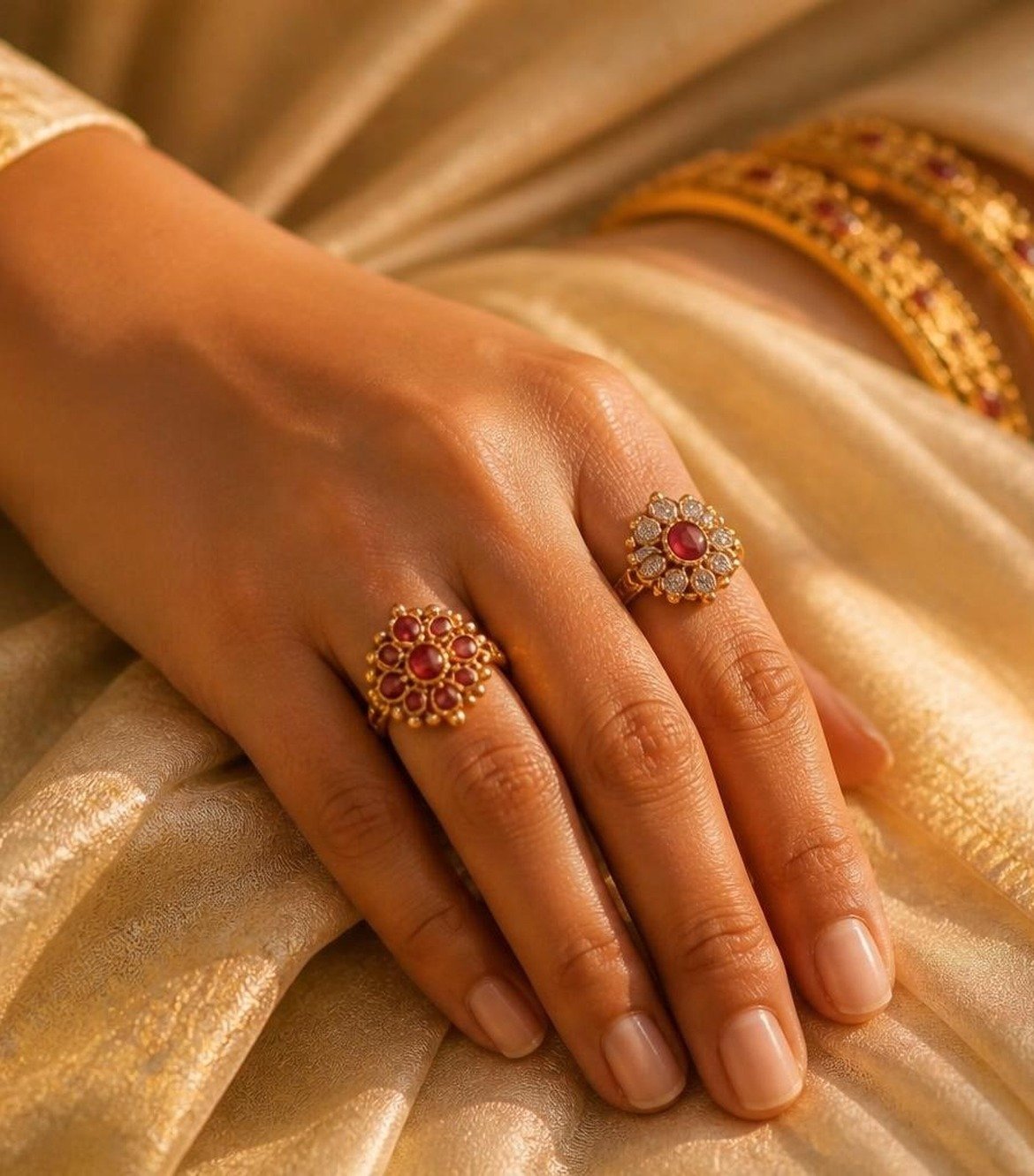 Hand wearing gold bangles and rings on silk fabric